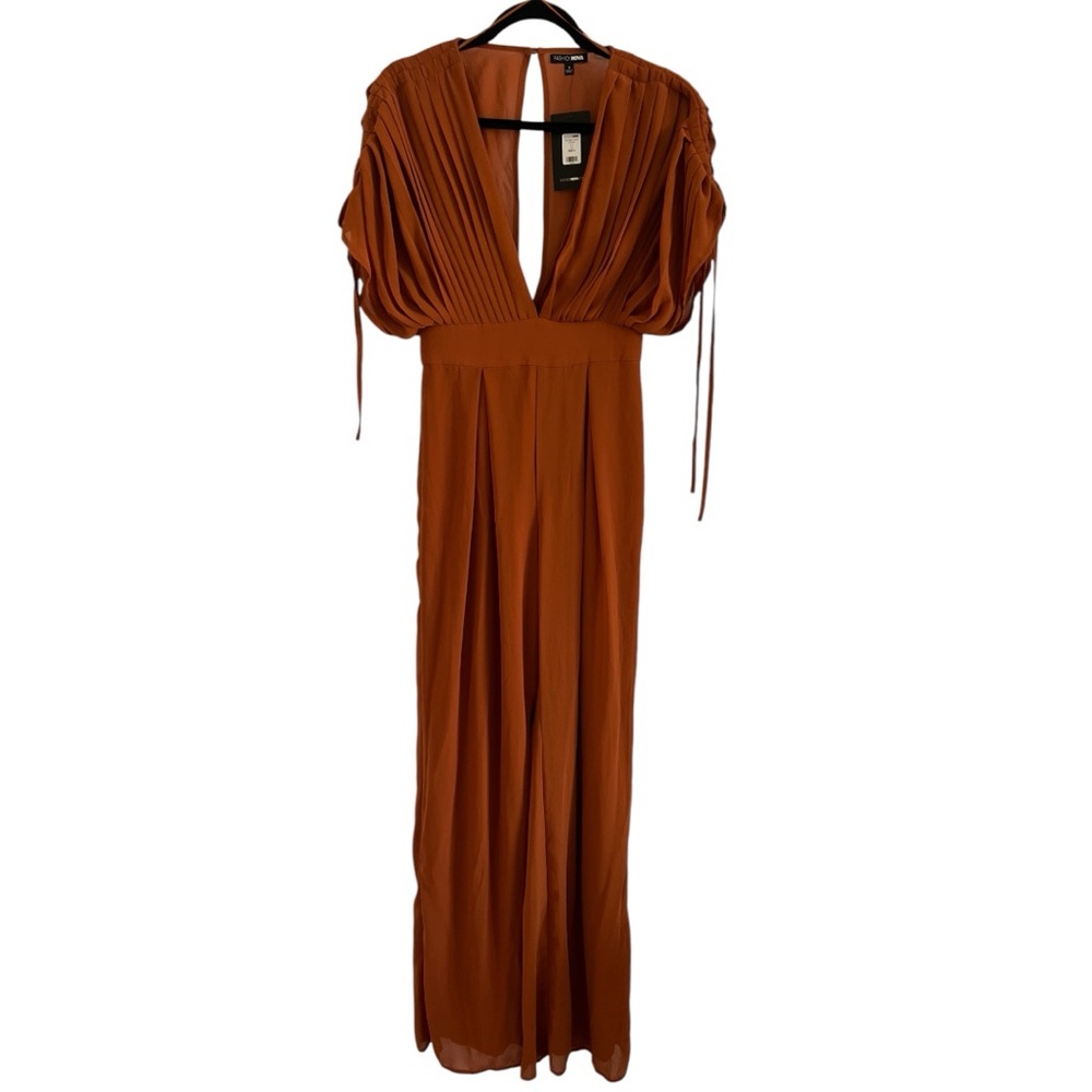 Fashion Nova Rust Plunge Wide-Leg Jumpsuit - Size Small